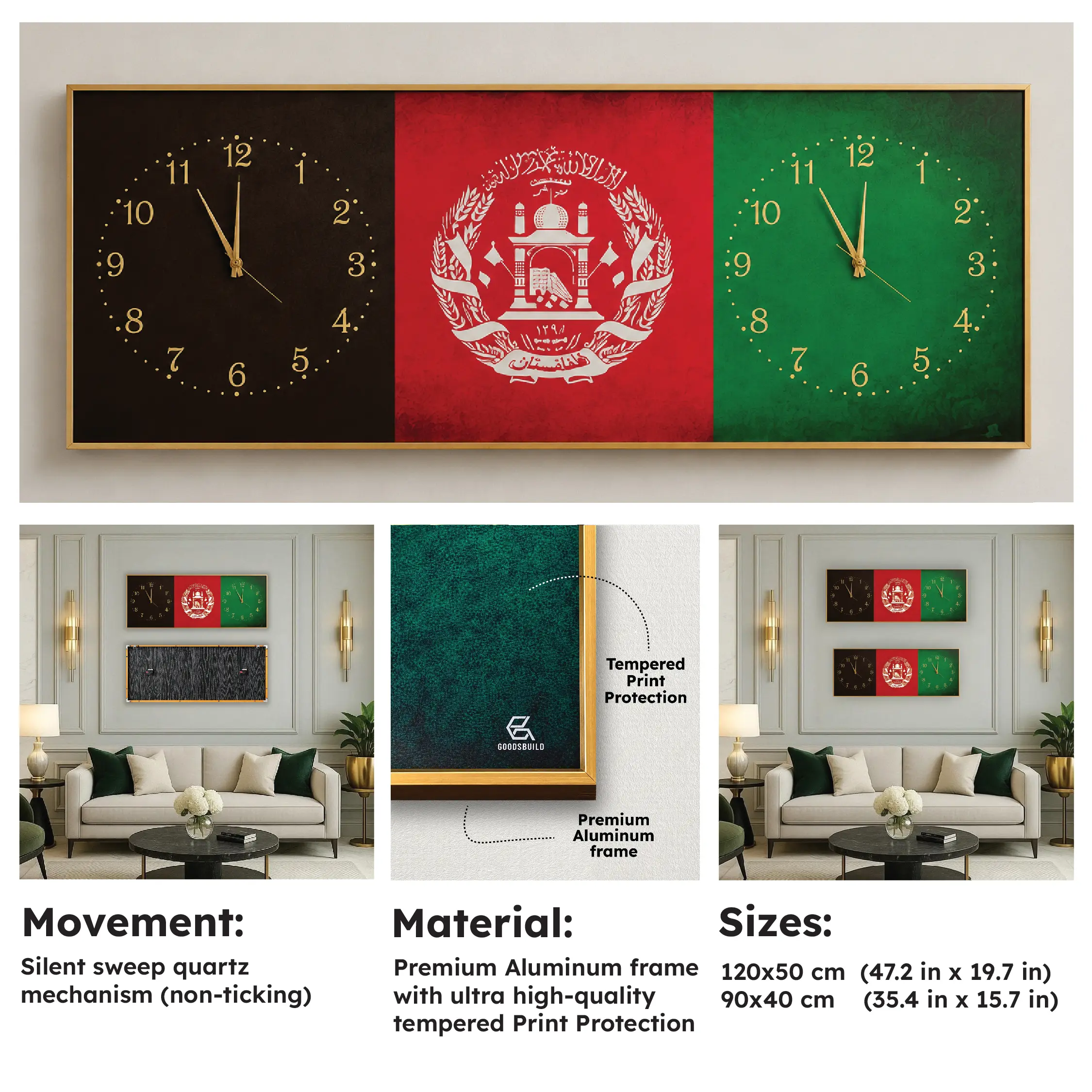 Afghanistan National Flag Wall Clock Crystal Porcelain Aluminum dual clock design