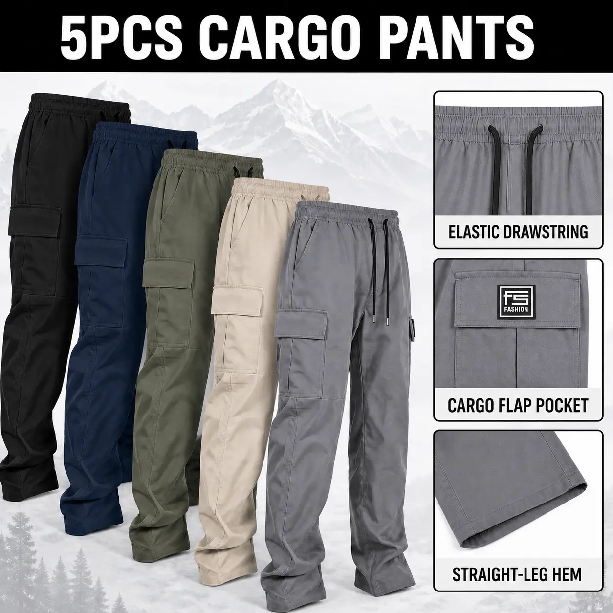 3-pack men’s cargo pants, solid-color work trousers, durable outdoor training pants, available in multiple colors—ideal for outdoor activities, work, hiking, and camping