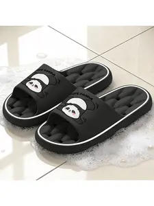 Cute Waving Panda "CUTE PANDA" Print Quick-Dry Hollow Out Slide Slippers, Non-Slip Drainage Bathroom Shower Shoes, Soft Cushioned Home Sandals, House Slippers for Kawaii & Animal Style Lovers