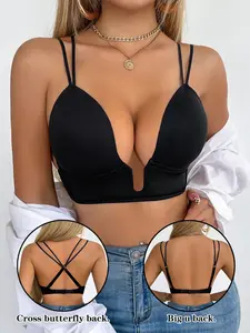 Women's Triangle Bralette, Deep U Design, Adjustable Thin Straps, Multi-Wear Options, Backless Style, Single Piece, Comfortable Fit, Medium, Fitted, Underwear, Womenswear