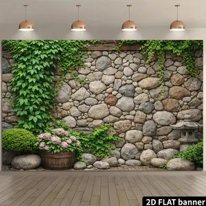 2D Flat Stone Wall Hydrangea Courtyard tapestry, Pebble Stone Wall with Ivy, Wooden Bucket Hydrangeas And Japanese Stone Lantern, Fresh Natural Style, Durable Polyester Material, No Power Required, Suitable for Indoor Outdoor Decoration