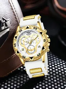 Trendy European Business Large Dial Three-Eye Silicone Watch, Blue Light Glass Men's Quartz Watch, Analog Quartz Watches, Suitable for Any Occasion