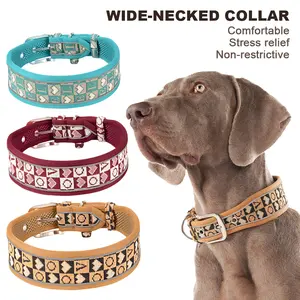 Wide Reflective Dog Collar, Vintage Fashion Pet Collar, Soft, Comfortable, Breathable, Adjustable Collar for Medium and Large Dogs