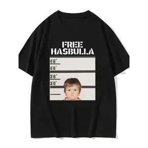 Women's Funny Hasbulla Meme Graphic T-Shirt, White Crewneck Short-Sleeve Retro Top - Free Hasbulla Text & Temperature Gauge Design, Unisex Casual Streetwear, Soft Breathable Year-Round Apparel