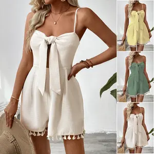 Waffle Knit Romper for Women – Tie Front Tassel Belt Textured Shorts Jumpsuit |     Casual Summer Lounge Outfit #   romper #   summeroutfit #   cozyfit #   fyp