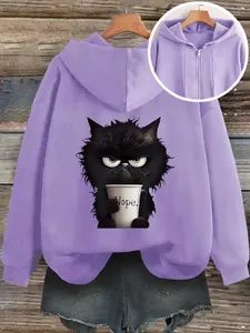 Women's Autumn Winter Hooded Zipper Sweatshirt, Fun 'nope' Proud Cat Print Casual Top, Fitted Plain Kint Fabric, Moderate Thick