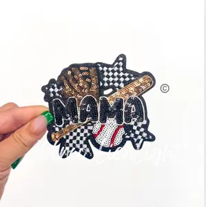 Small Baseball Mama Checkered Star Sequins Patch