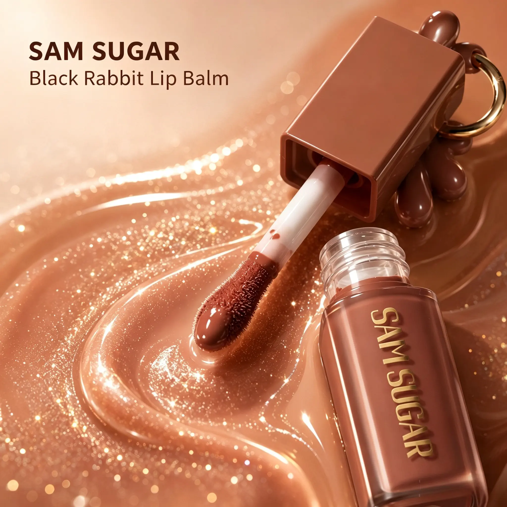 Portable Keychain Lip Gloss, SAM SUGAR Black Rabbit Lip Balm, Hydrating Glitter Mirror Shine Lip Cosmetics for Women