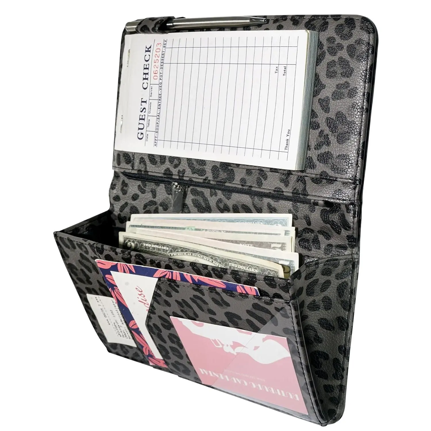 Server Book for Waitress Book with Zipper Pocket and  Closure, 5"x9" Grey Leopard Cute Server Wallet with  Pocket, Restaurant Waitstaff Organizer Fit Server Apron