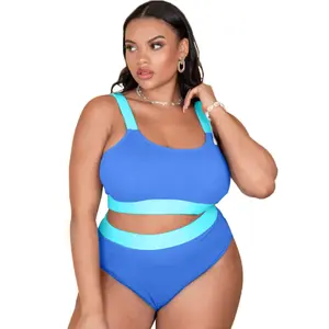 Plus Size High Waisted Bikini Set Womens Swimsuit Cheeky Two Piece Sports Color Block Bathing Suit Large Bust
