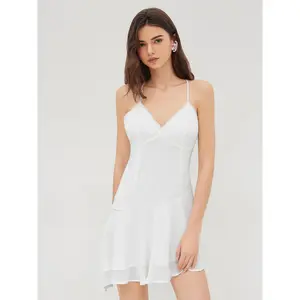 Cider V-neck Asymmetrical Lace Trim Ruffle Mini Dress SwimWeek