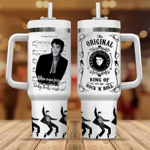 Elvis Presley 40oz Insulated Tumbler With Handle, Gift For Fan The King Of Rock And Roll, Retro Rock Music Tumbler, Vintage Psychedelic Music Fan Cup, Rock Legend Artwork Stainless Steel Tumbler, Musician Fan Drinkware, Viral Gift 2026