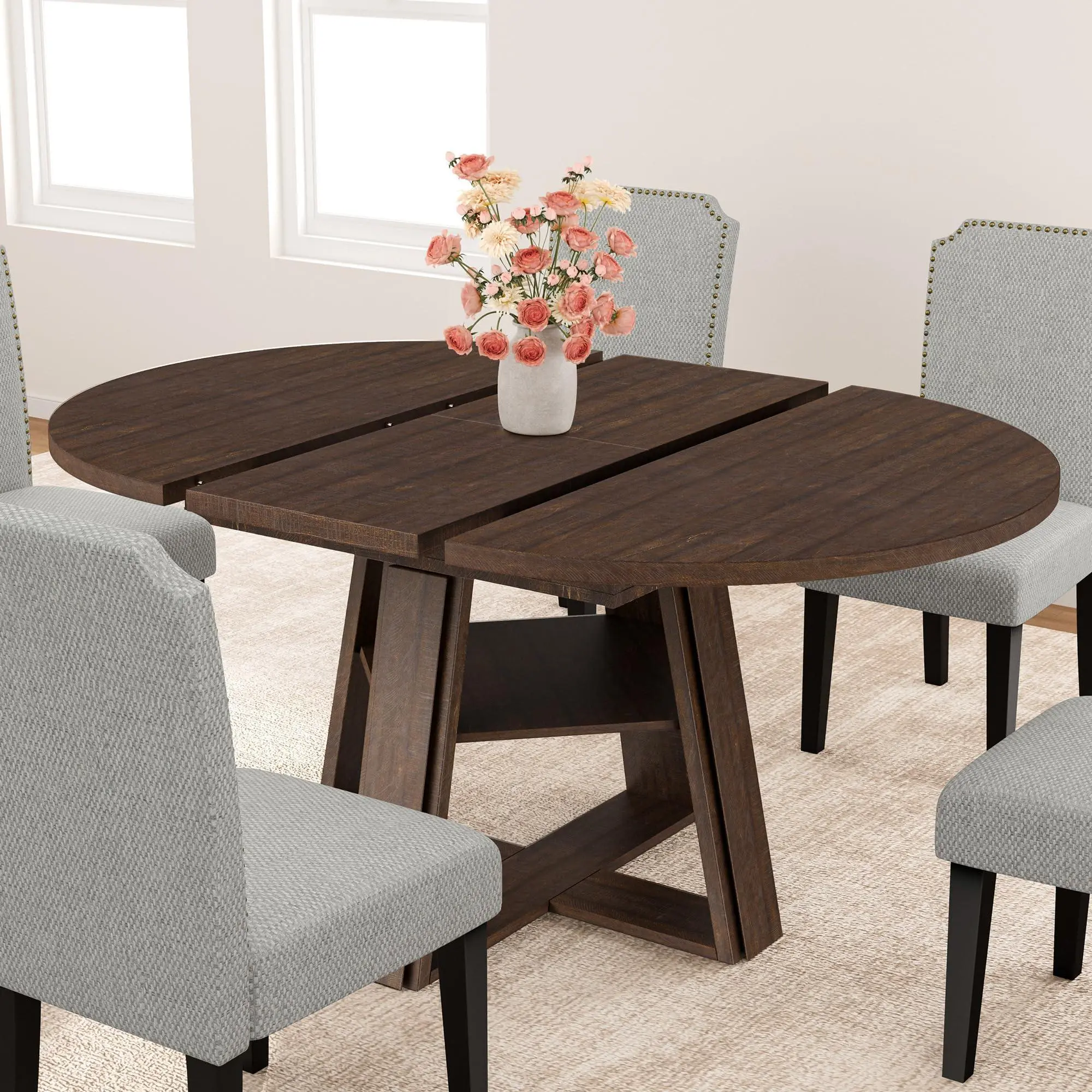 Gaomon Extendable Round-to-Oval Transformer Dining Table (43.3in-59.06in) with Wooden Pedestal Base, Storage Shelf, Seats 4-8, for Kitchen, Apartment