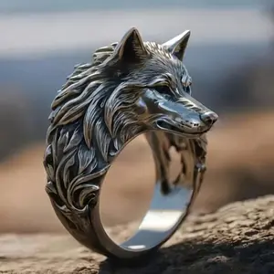 Vintage wolf head men   animal exaggerated domineering hip hop personality open ring jewelry