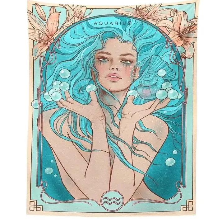 Aquarius Zodiac Tapestry 2x3 ft Room Decor Art Nouveau Style with Aquarius Theme and water Accents