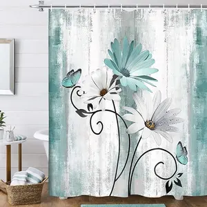 Floral Butterfly Bathroom 4 Piece Set Polyester Shower Curtain Bath Mat Contour Rug Toilet Lid Cover Easy Clean & Maintain