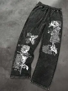 Men's Casual Sporty Long Pants, Butterfly & Flower Pattern Print, Drawstring Wide Leg, Loose-Fitting, All Seasons Wear