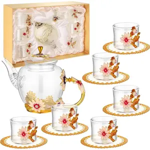 7-Piece Floral Tea Set for Women, Vintage Flower Teapot Set with Gift Box, Glass Tea Kettle, Fancy Cup, Mug with Coasters for Kitchen, Family Gatherings, Home