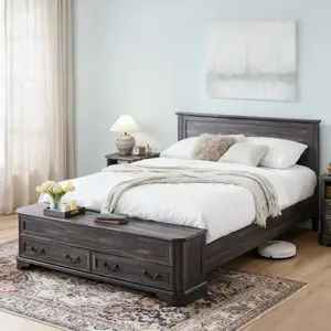 REDLEMON Rustic King Bed – 64" Storage Headboard, 4 Drawers & Bench, Solid-Wood Platform Frame with Rustic Finish