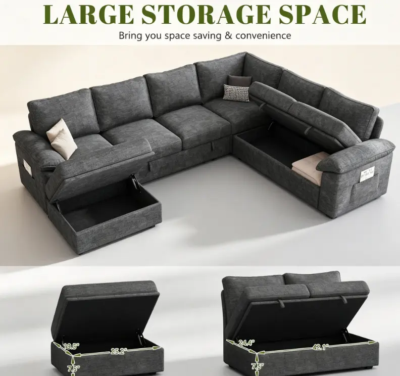 Dark Gray L‑Shaped Sectional Sofa with Ample Hidden Storage Space, Large Upholstered Fabric Corner Couch, Oversized Storage Chaise Sectional Sofa, Modern Living Room Furniture, Spacious Storage Corner Sofa for Family House & Apartment