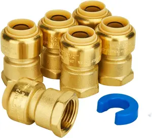 6-Pack Female Adapter, 1/2-Inch by 1/2-Inch Straight Connector Plumbing Fitting, Push Fit PEX Fittings with Disconnect Clip, Push-to-Connect Copper, CPVC, No Lead Brass Pipe Fittings