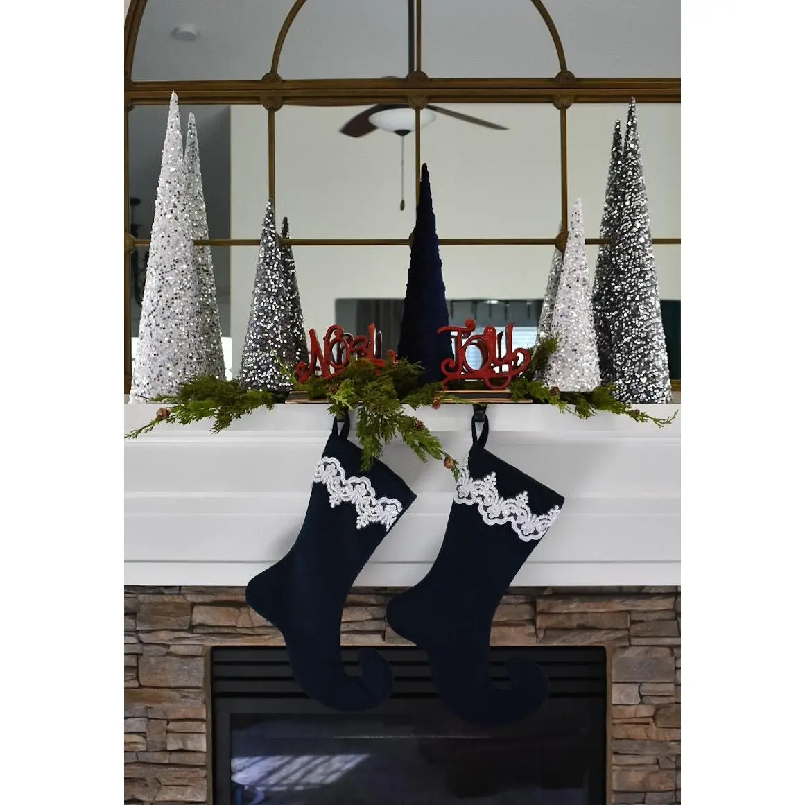 Black Velvet Christmas Stocking with White Lace Trim