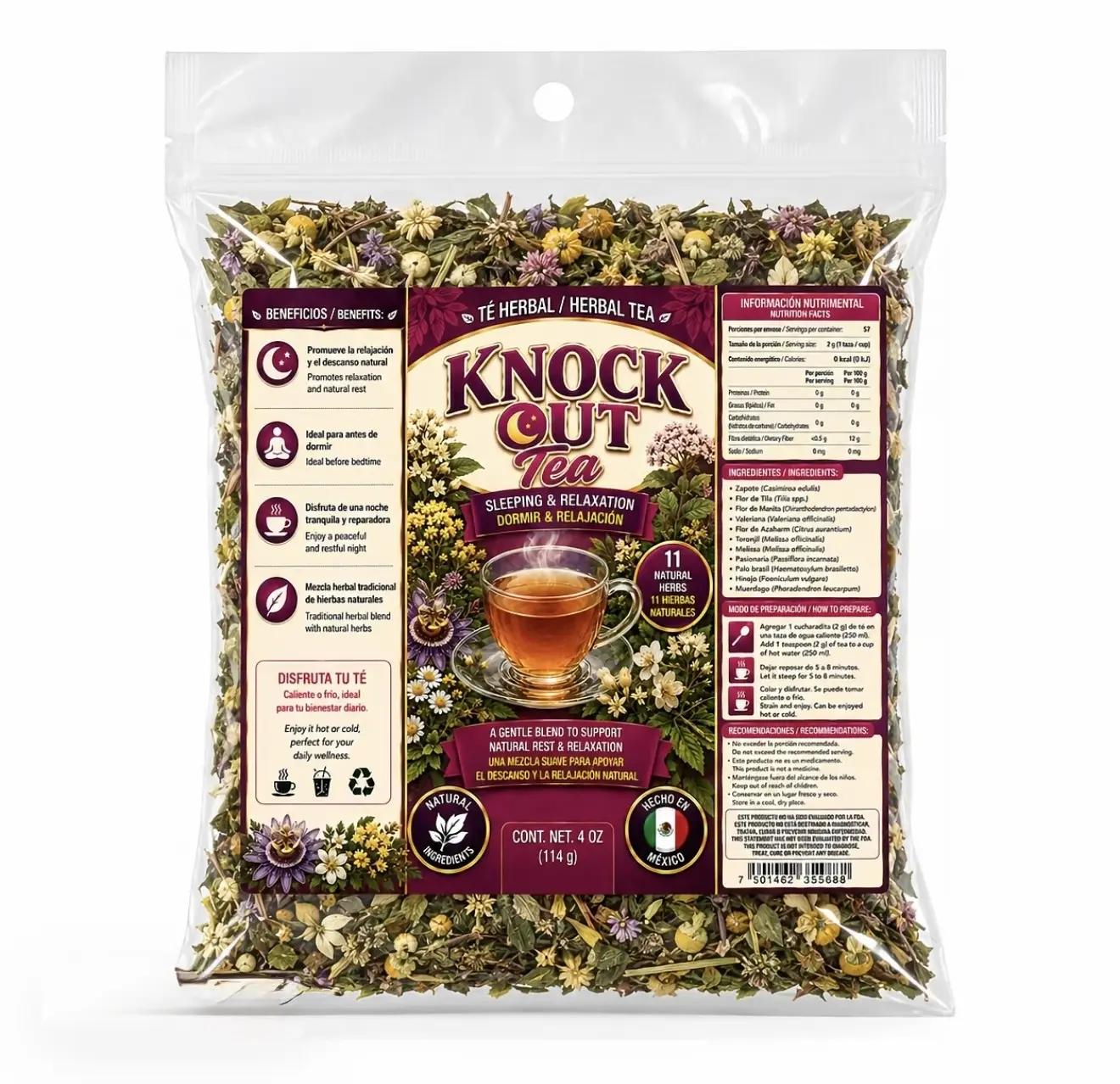 Certified Organic Mexican Knock Out Unflavored Herbal Sleep Tea, 4 oz Loose Leaf Valerian Root Blend for Relaxation & Improved Sleep Quality