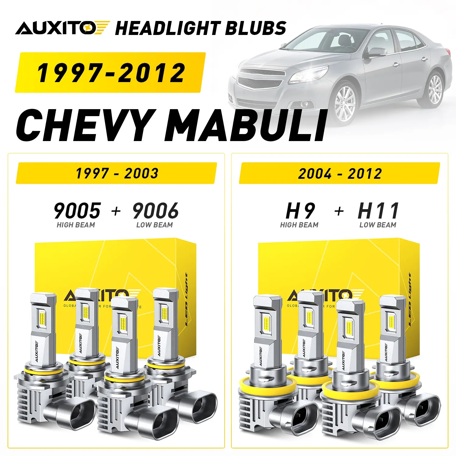1997-2012 Chevy Mabuli AUXITO LED Headlight Bulbs, 9005 High Beam & 9006 Low Beam (1997-2003), H9 High Beam & H11 Low Beam (2004-2012), 30000LM 6500K Cool White, Anti-glare,CANBUS Ready,No error,No Flickering, Plug and Play