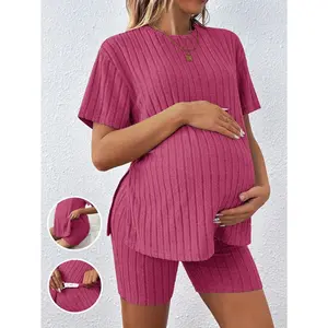 Maternity Two-Piece Set, Summer Comfortable Casual Versatile Loose Stretch Pink Maternity Suit