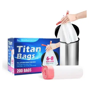 TP Plastic 6 Gallon Drawstring Trash Bags - 200 Count, White, Unscented, Small Garbage Bags for Bathroom, Kitchen, Office & More Pack