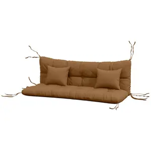 Tan 59 inch tufted bench cushion set with back support and two throw pillows for garden outdoor bench seating areas