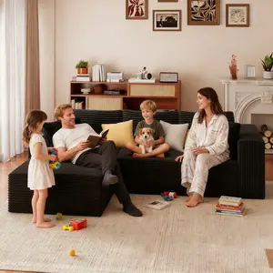 No Assembly Required 97" Corduroy Cloud Boneless L/U‑Shaped Sectional Couch Set with Ottoman, Seats 3‑4 Comfortably