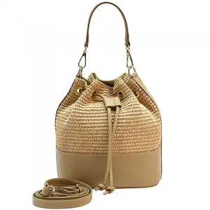Tendenza Bianca Natural Raffia & Italian Leather Bucket Bag - Lightweight Handwoven Design with Gold Hardware & Removable Handle for Summer Style