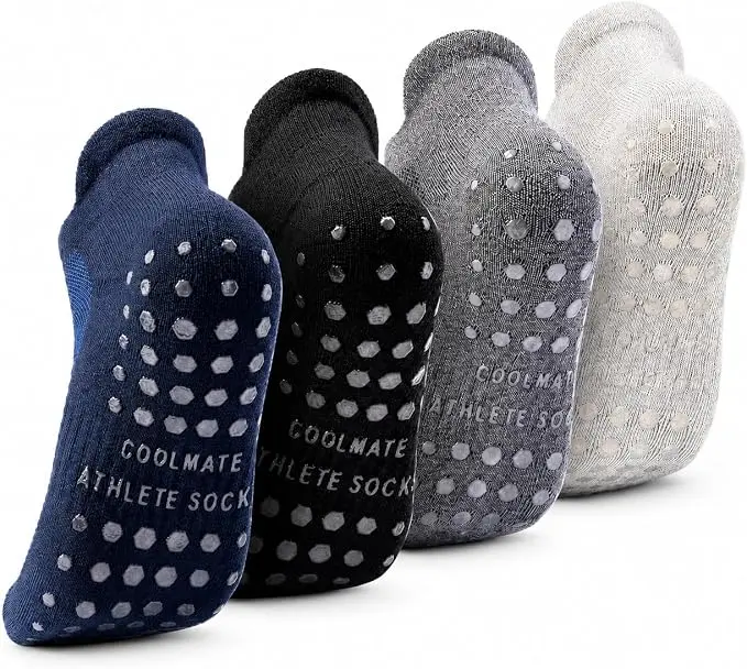 CoolMate Mens Grip Socks, Non Slip Socks for Yoga, Pilates, 4 Pairs 6-14