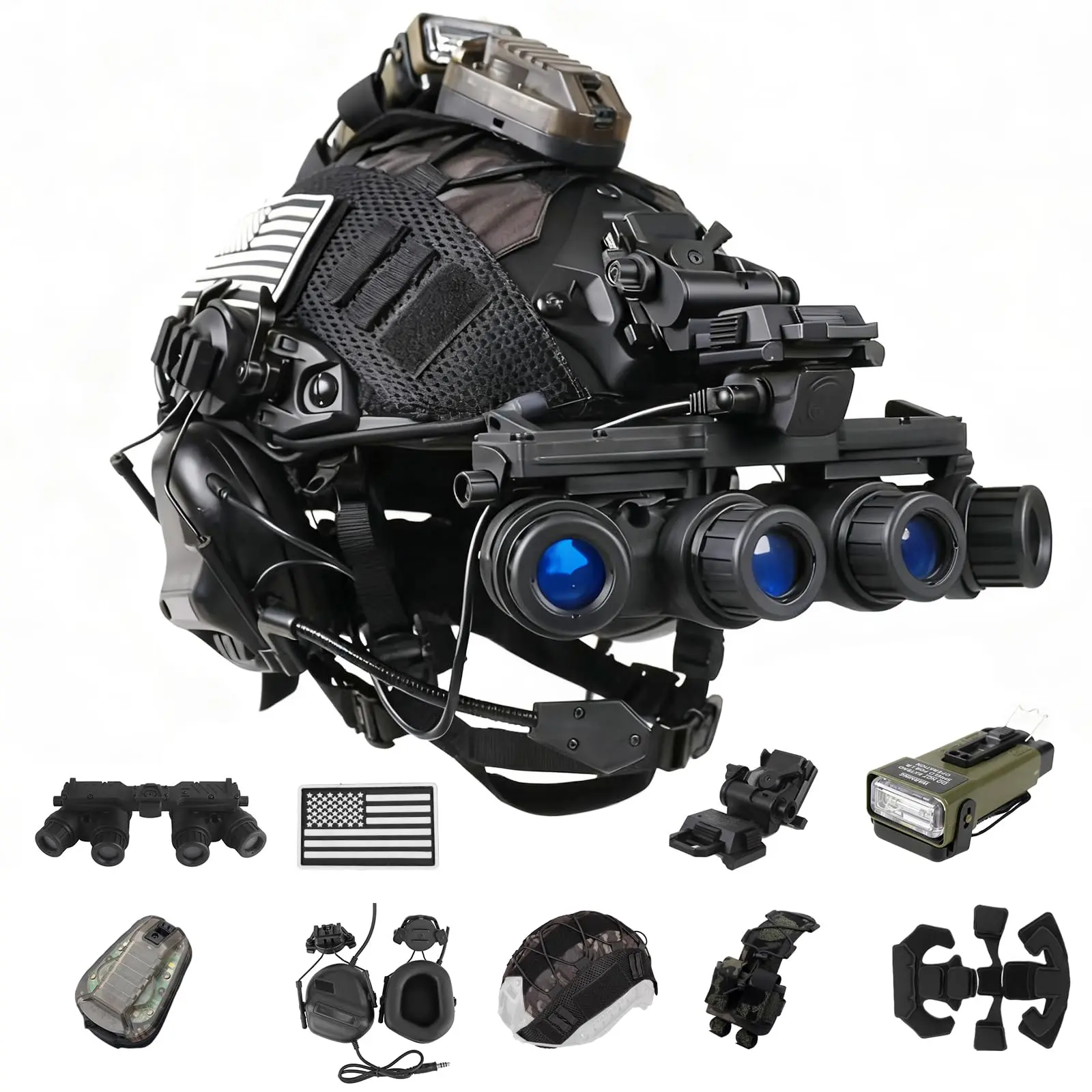 PJ Type Tactical Helmet Set, Complete Kit with Comfortable Communication Headset, NVG Mount, Signal Light, and Adjustable Sporty Protective Gear for Airsoft & Cosplay, Gift, Accessory