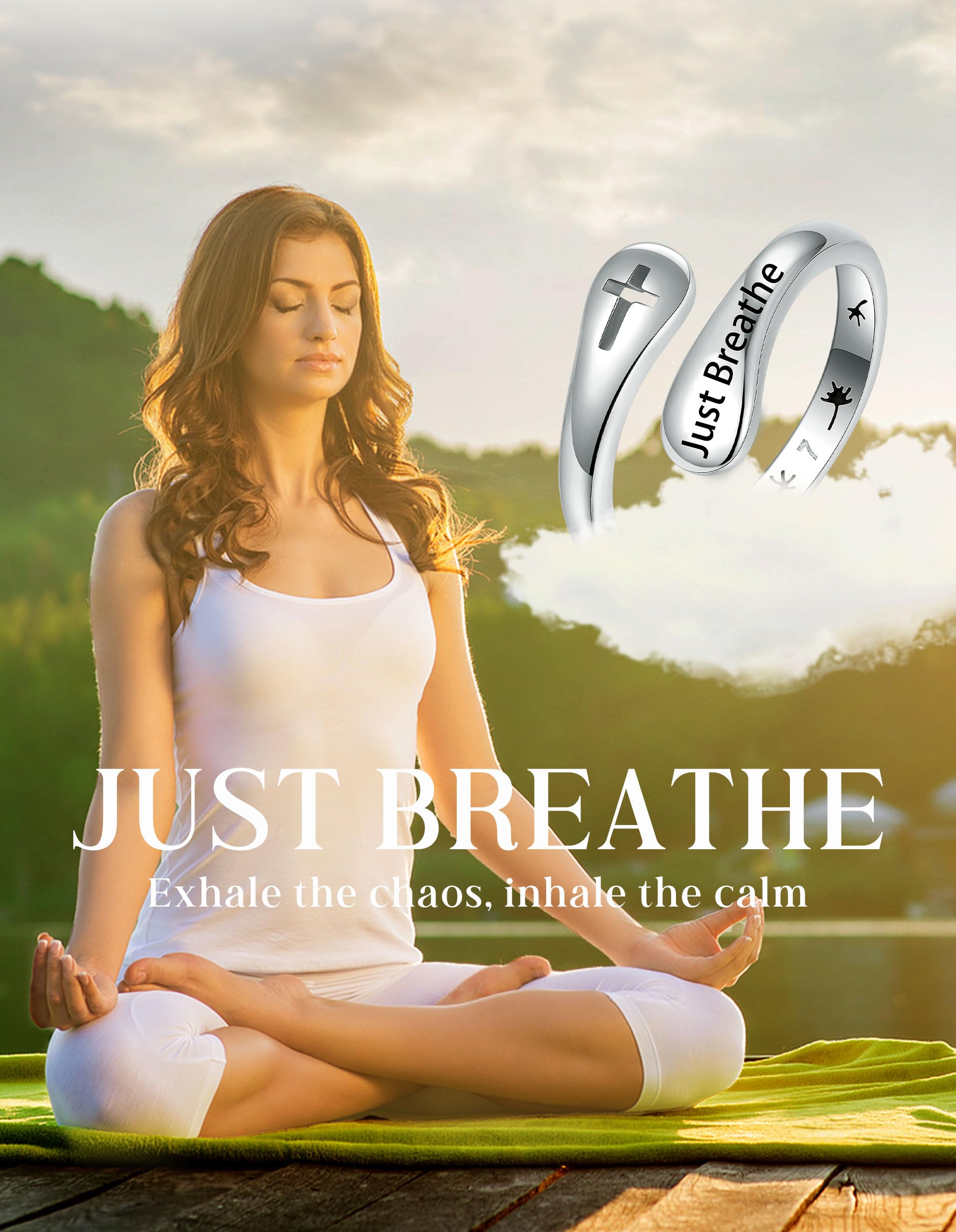 925 Sterling Silver Just Breathe Cross Ring for Women Men, Dainty Religious Faith Rings, Minimalist Anxiety Relief Jewelry Gift for Birthday Christmas Graduation, Hypoallergenic Silver Stacking Rings for Daily Wear