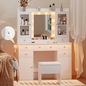 vanity with storage drawer, charging station, cabinet and chair, vanity with RGB ambient light, suitable for women's bedrooms and bathrooms