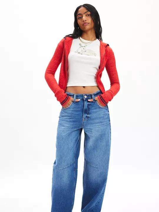 B D G Logan Buckle Baggy Barrel Jean Rigid Cotton Denim with Adjustable Back Buckle & Distressed Hem for Comfort & Style