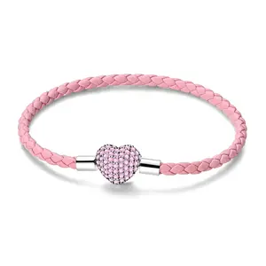 MULA Pink Leather Bracelet with Sparkling Heart Clasp - Sterling Silver and Cubic Zirconia Beaded Bracelet Base Compatible with Pandora Beads, Ideal Gift for Women, Girlfriend Anniversary