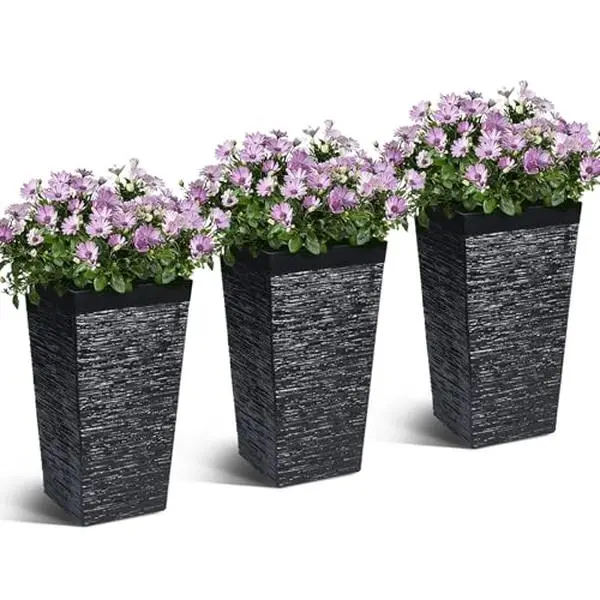 3 pcs Outdoor＆Indoor Black Planter Pots, Large Rectangular Pots with Drainage Holes & Wheels for Indoor & Outdoor Use – Garden, Patio, Porch