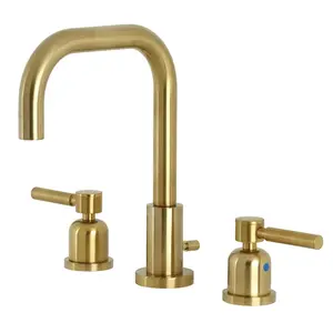 212 MAIN Concord Widespread Deck Mount Bathroom Faucet, Brushed Brass, Curved Spout, Brass Lift-and-Turn Drain, Corrosion-Resistant