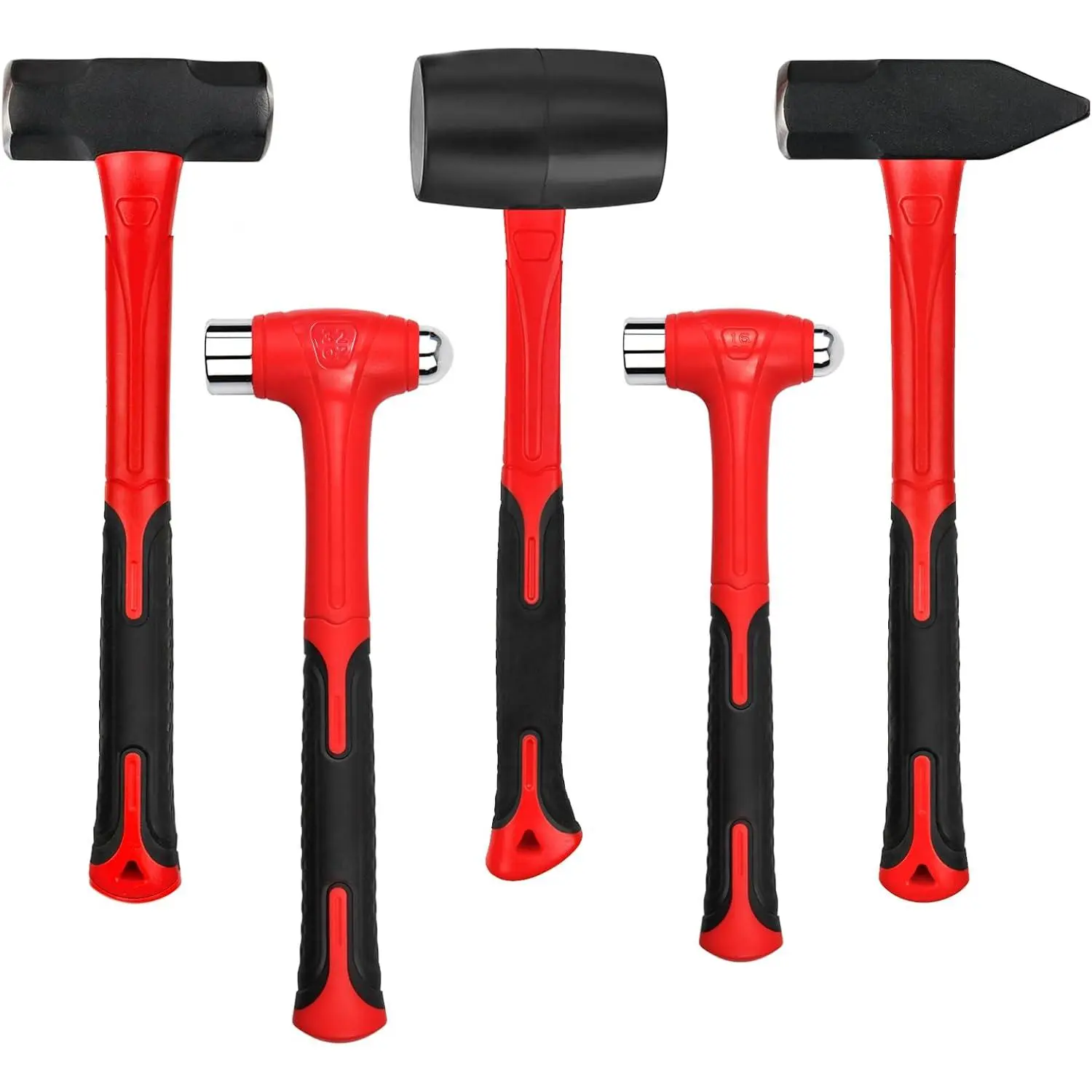 5-Piece Hammer Set, 16oz Ball Peen Hammer| 32oz Ball Peen Hammer| 32oz Rubber Mallet| 3lb Sledge Hammer| 3lb Cross Peen, Fiberglass Handle & Mallet Set