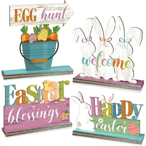 Easter Wooden Bunny Centerpiece Decorations Set of 4, Perfect for Easter Party Table, Dining Table Centerpiece, Festive Desk Ornaments, Wood Crafted