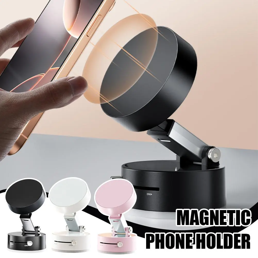Foldable Magnetic Vacuum Car Phone Holder with Suction Cup for Hands-Free Navigation Compatible with iPhone 16/15/14/13/12 Series Universal Fit