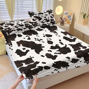 Farmhouse Cow Print Fitted Sheet Set, 1 Fitted Sheet + 2 Pillowcases, Brown White Cowhide Pattern Bedding, Soft Microfiber Bed Linen for Western Style Bedroom Decor
