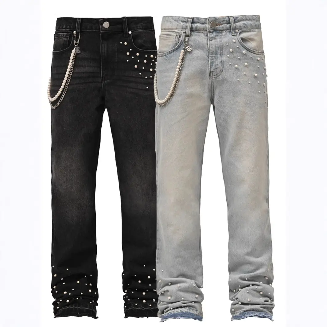 Men's Vintage Washed Embellished Frayed-Leg Stacked Jeans - Chain Detail, Pearl-Adorned, Pocket-Equipped Streetwear Denim Pants for Casual Daily & Party Wear
