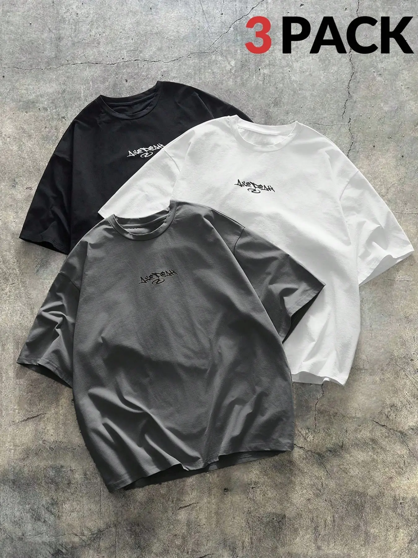3-Pack Men's Oversized Graphic T-Shirts - Minimalist Embroidery, Drop-Shoulder Relaxed Fit, Perfect for Daily Streetwear, Gym Sessions & Casual Hangouts