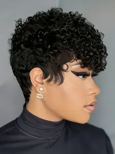 Pixie Cut Curly Human Hair Wig Short Layered Pixie Wigs With Bangs Kinky Curly Wig Curly Human Hair Wig Black Color for Everyday Use