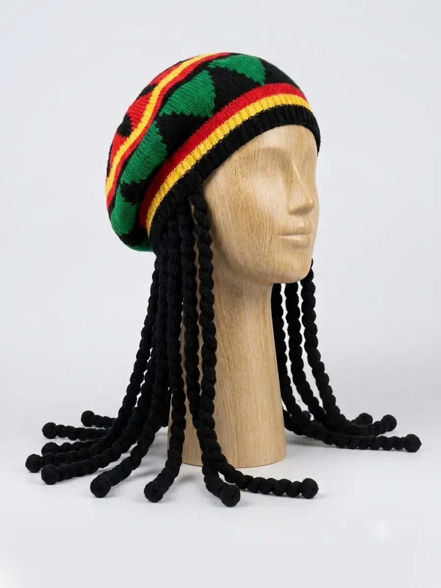 Jamaican Rasta Hat with Black Dreadlocks Wig - 1 Pack Colorful Knit Beret Reggae Style Beanie, Unisex Boho Dreadlock Locks Cap for Halloween Costume Accessories, Music Festival & Parties