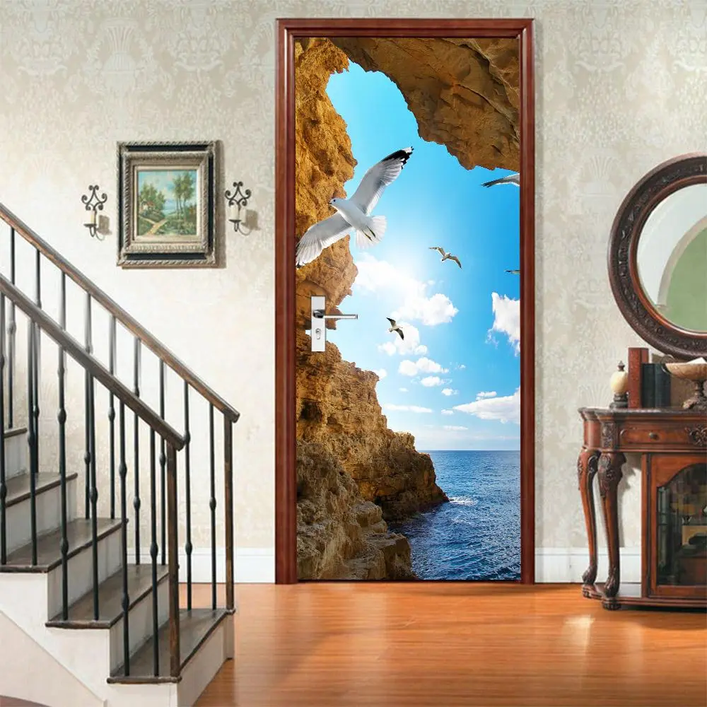 Sea & Sky Pattern Door Sticker, 2 Counts/set Removable Waterproof Wallpaper, Self-adhesive Wallpaper, Decorative Sticker for Home Living Room Bedroom, Decoration Sticker, Wall Stickers